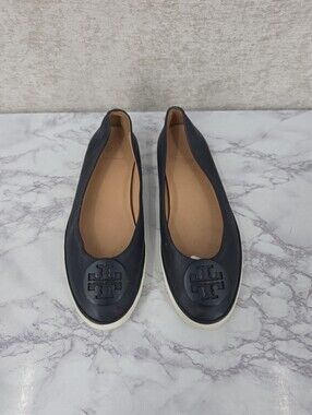 Tory Burch Skylar Ballet Sneaker Navy Blue Leather with Logo Flats